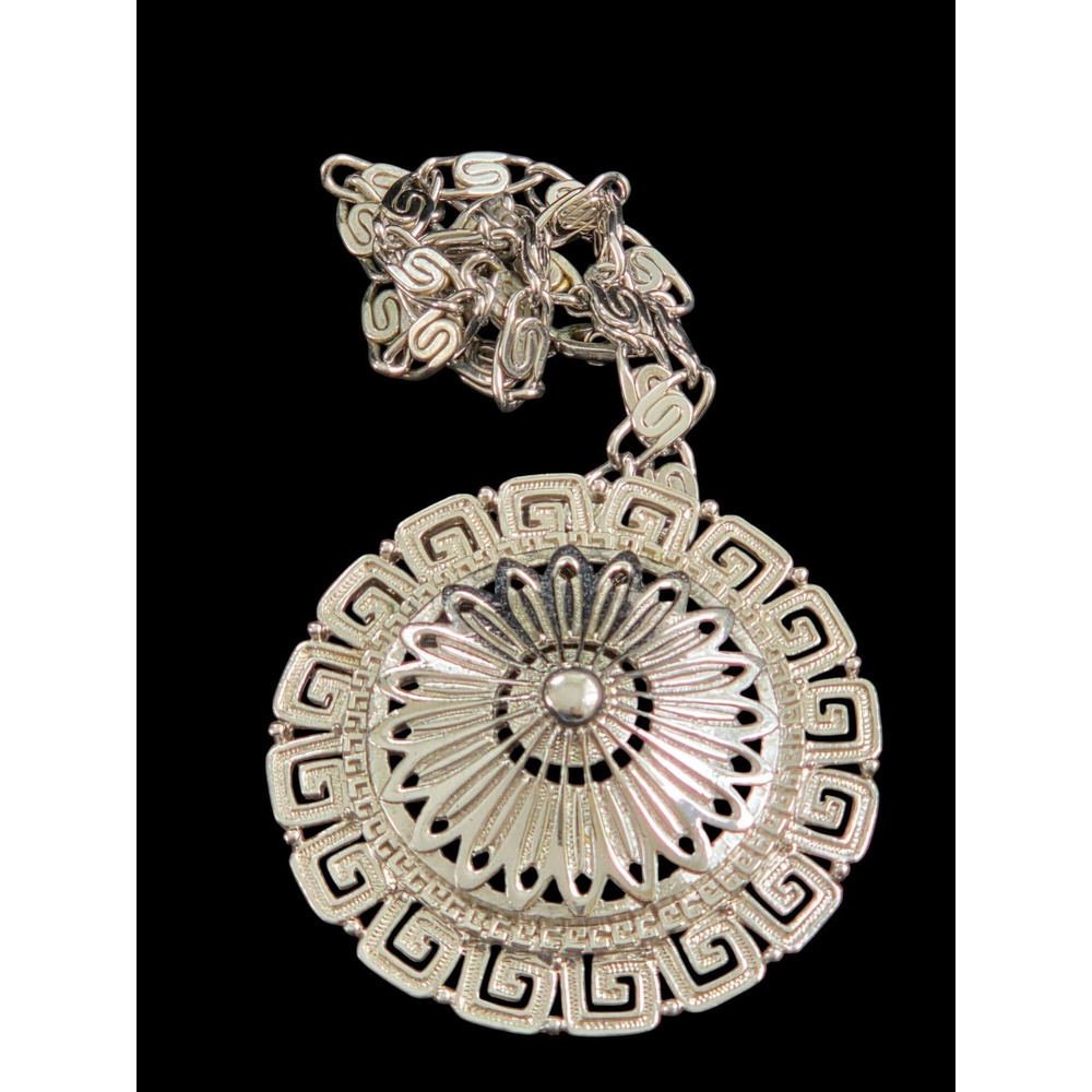 Monet Greek Key Medallion Silver Tone Vintage Pendant Necklace